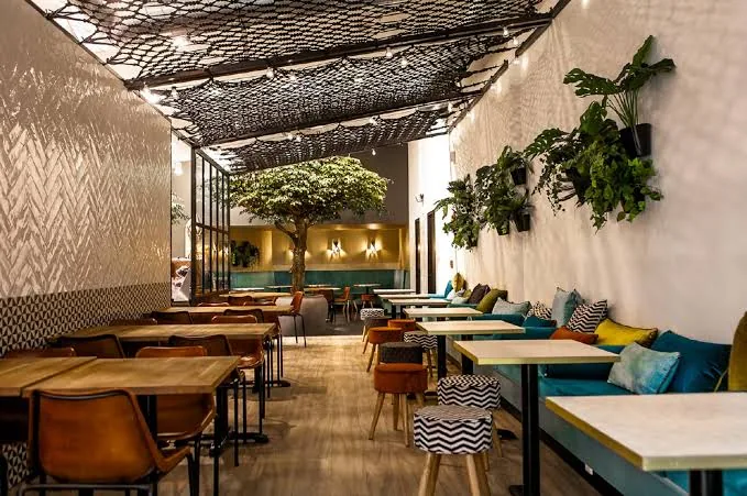 Lange rij tafels met wandplanten en een boom in een Ekmekci-vestiging