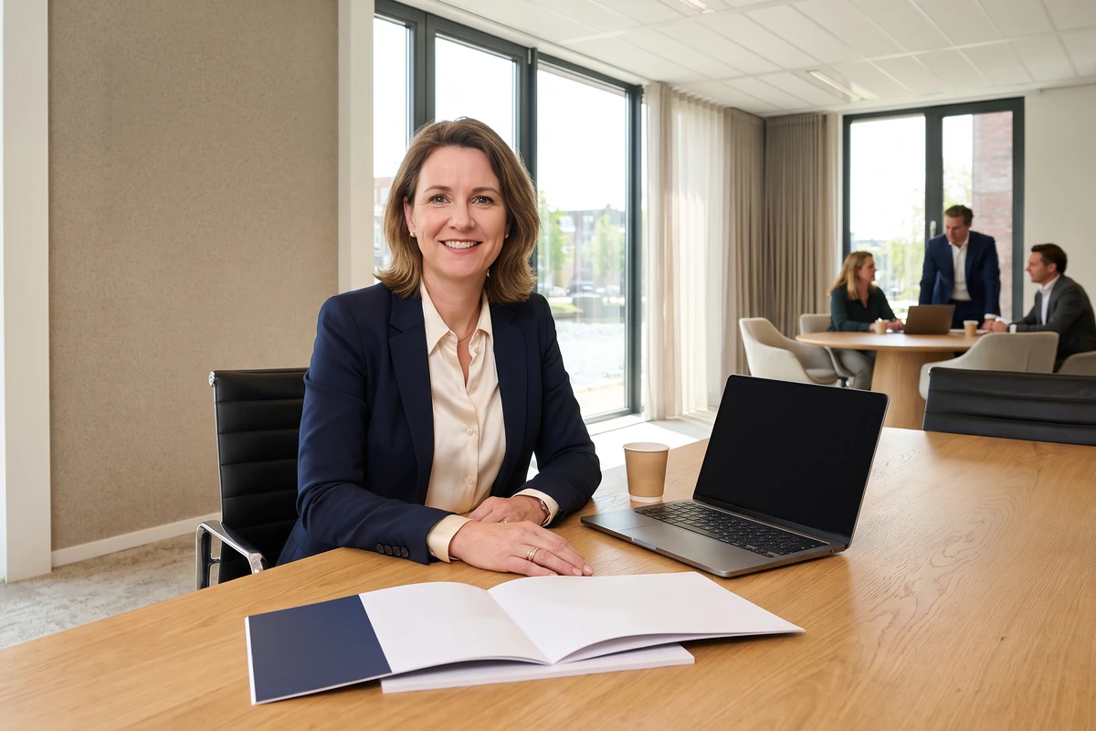 Sfeerbeeld: een consultant met een laptop aan een bureau in een kantoor met bakstenen muren