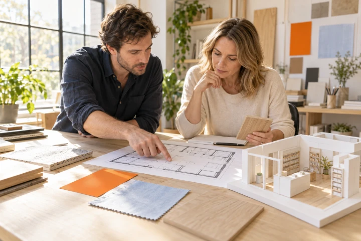 Een plattegrond, materiaalstalen en een schaalmodel op een werktafel tijdens het ontwerpgesprek