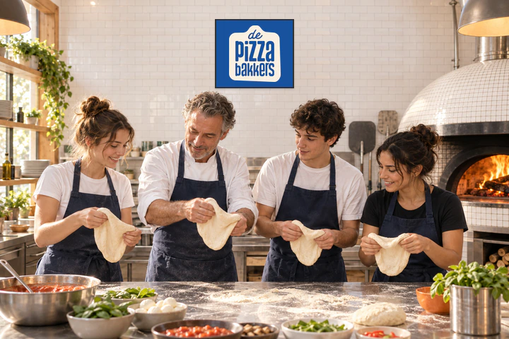 Vier mensen oefenen met het uitrekken van pizzadeeg in een pizzeriakeuken met een houtoven. Aan de wand hangt het logo van De Pizzabakkers