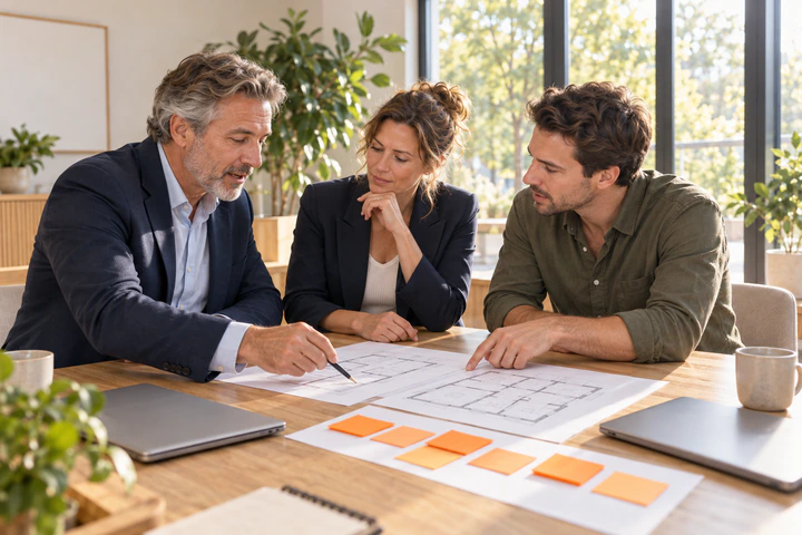 Drie mensen bespreken tekeningen en een planning aan een tafel met oranje memoblaadjes en gesloten laptops